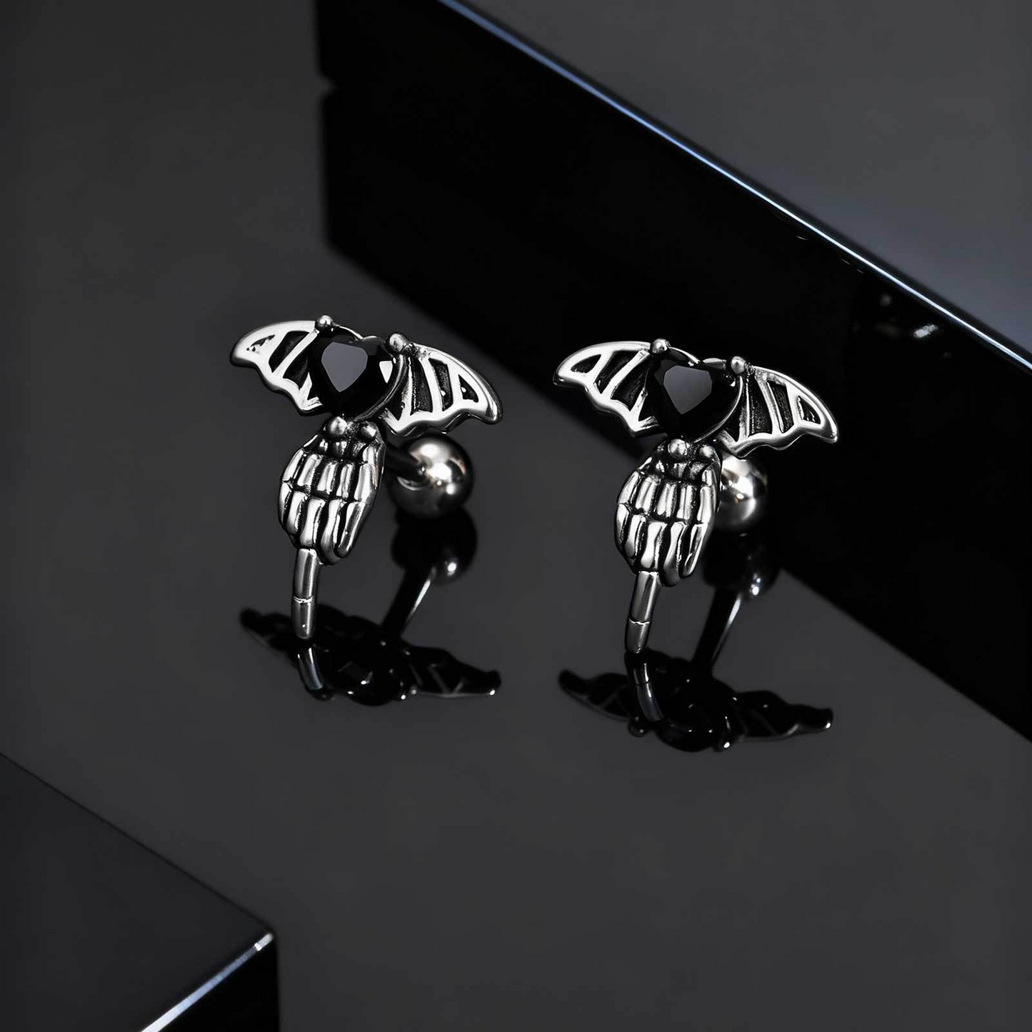 Kemstone Stainless Steel Black Cubic Zirconia Heart Wing Stud Earring for Men ES-769