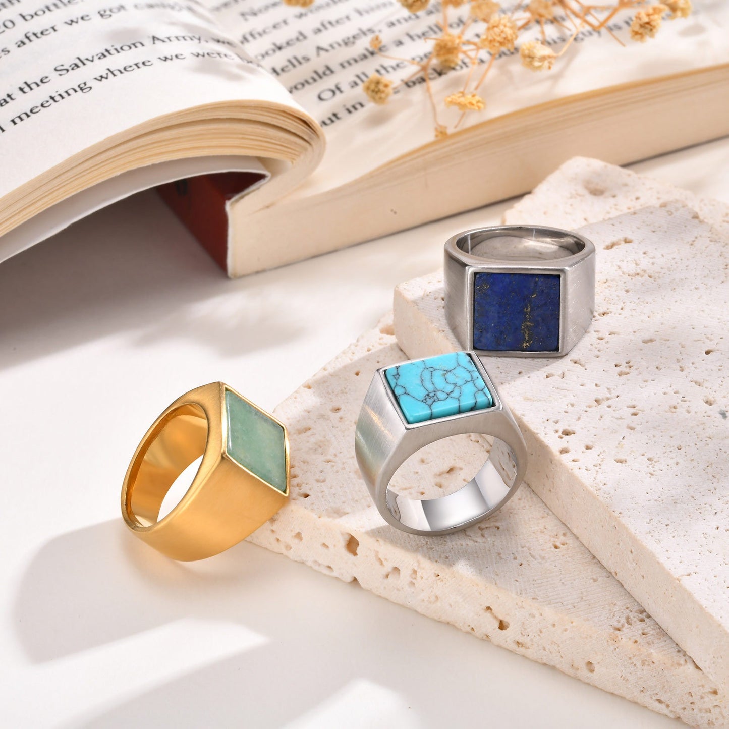 Kemstone Men’s Square Natural Stone Signet Ring Stainless Steel RC682