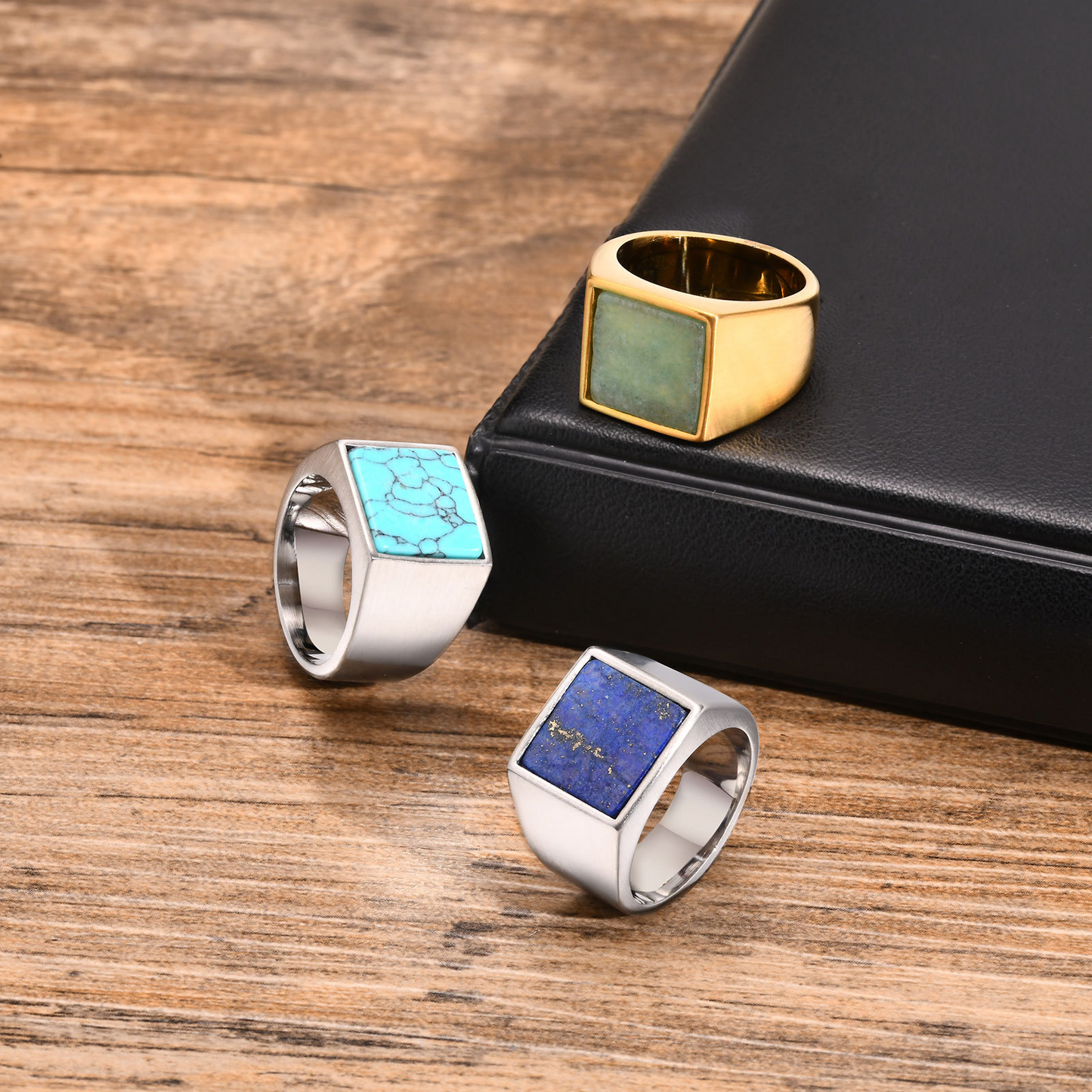 Kemstone Men’s Square Natural Stone Signet Ring Stainless Steel RC682