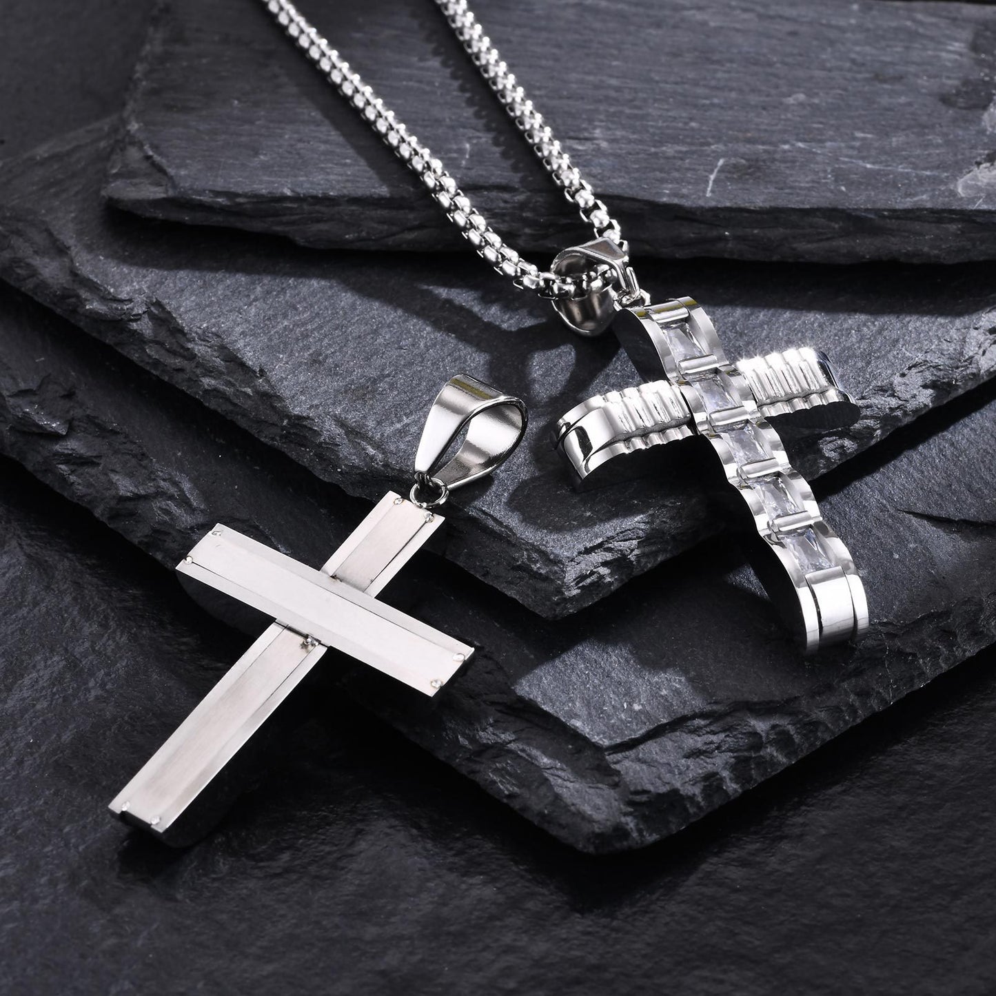 Kemstone Stainless Steel Cross Pendant Necklace for Men Square Cubic Zirconia Silver PN2058