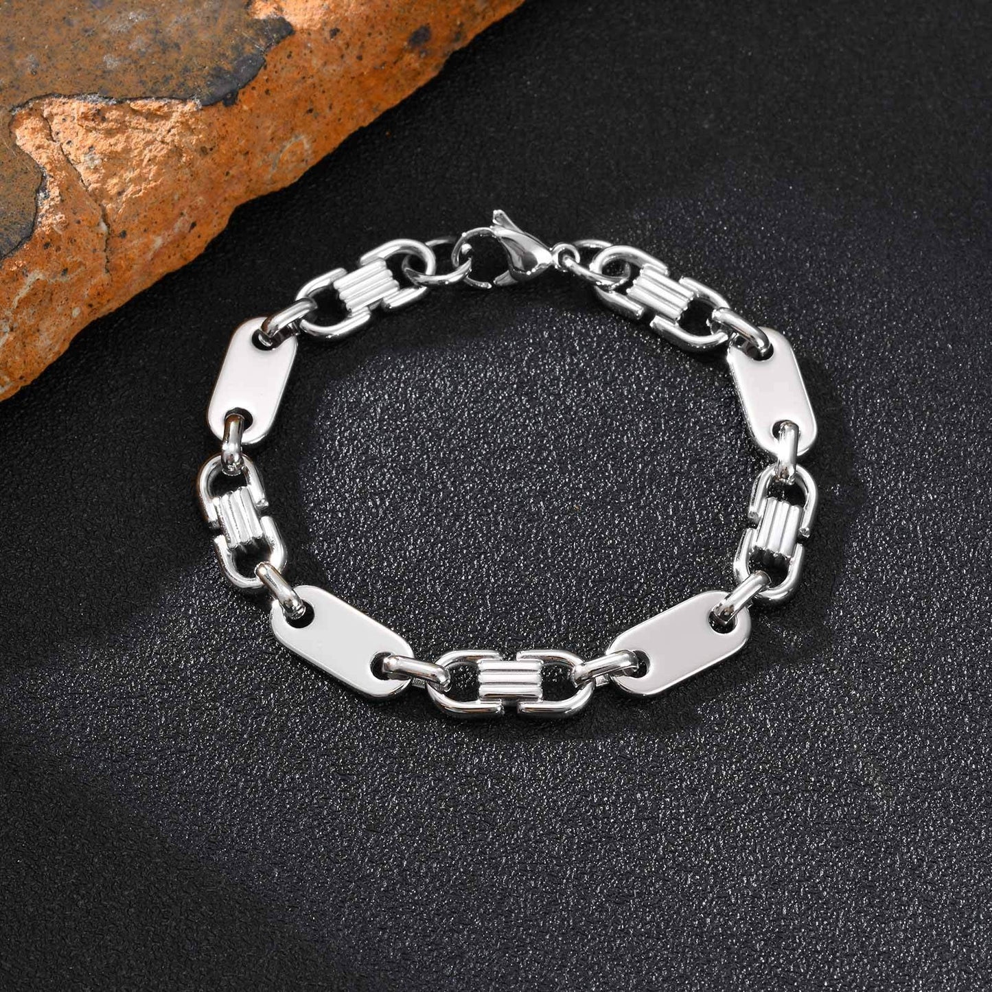 Kemstone Men’s Stainless Steel Bracelet – Silver Flat Link Jewelry BR-2705