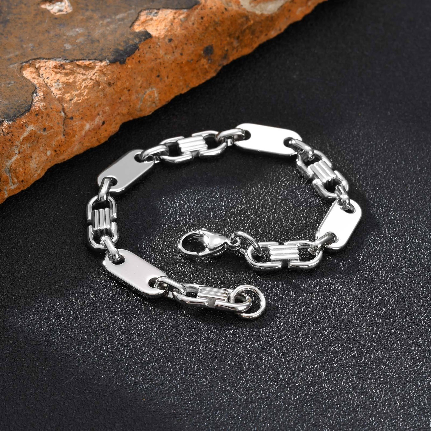 Kemstone Men’s Stainless Steel Bracelet – Silver Flat Link Jewelry BR-2705