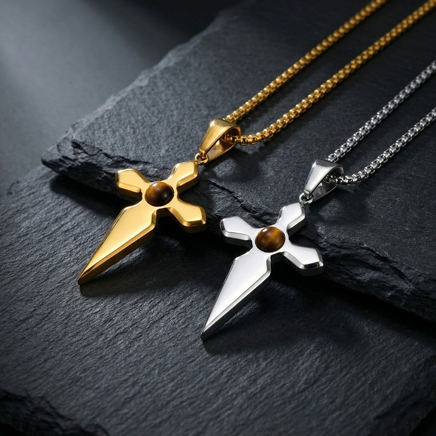 Kemstone Stainless Steel Tiger Eye Cross Pendant Necklace for Men PN-2287