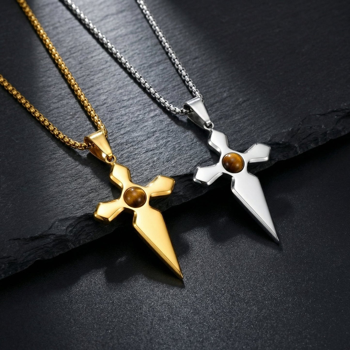 Kemstone Stainless Steel Tiger Eye Cross Pendant Necklace for Men PN-2287