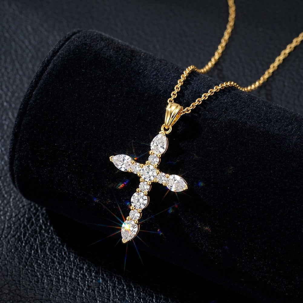 Kemston Moissanite Cross Pendant Necklace for Women 925 Sterling Silver Minimal Design SMON16