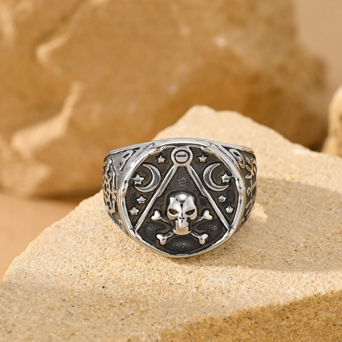 Kemston Pirate Skull Crossbones Ring for Men Stainless Steel Moon Star Vintage TR0529