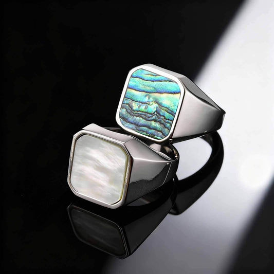 Kemstone Stainless Steel Abalone Shell Signet Ring – Natural Inlay Style for Men & Women RC-207