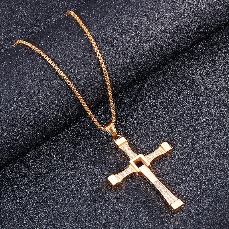 Kemstone Stainless Steel Hollow Moving Cross Pendant Necklace for Men Cubic Zirconia Inlay KP40312-K