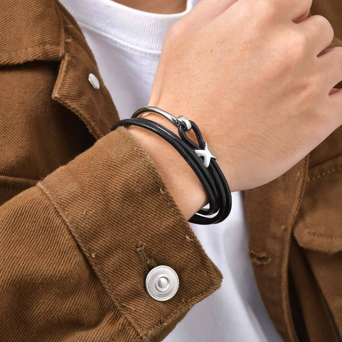 Kemstone Multi-Layer Black Leather Cord Alloy Bracelet for Men & Women BL-824