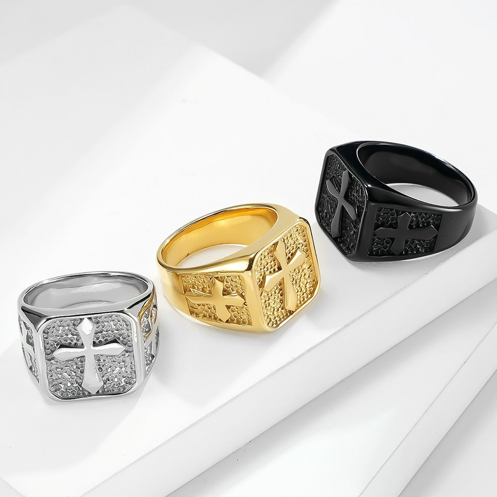 Kemstone Stainless Steel Vintage Cross Ring for Men Side Cross Texture Design K-R610