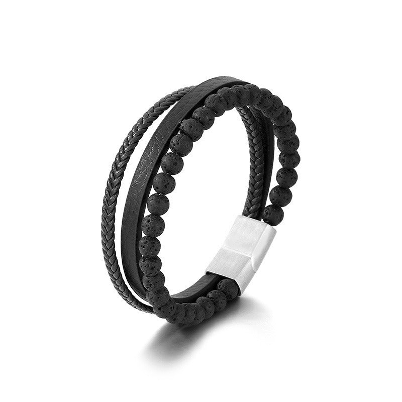 Kemstone Volcanic Rock Bracelet for Men Leather Stainless Steel Multi Layer KB180736-JR