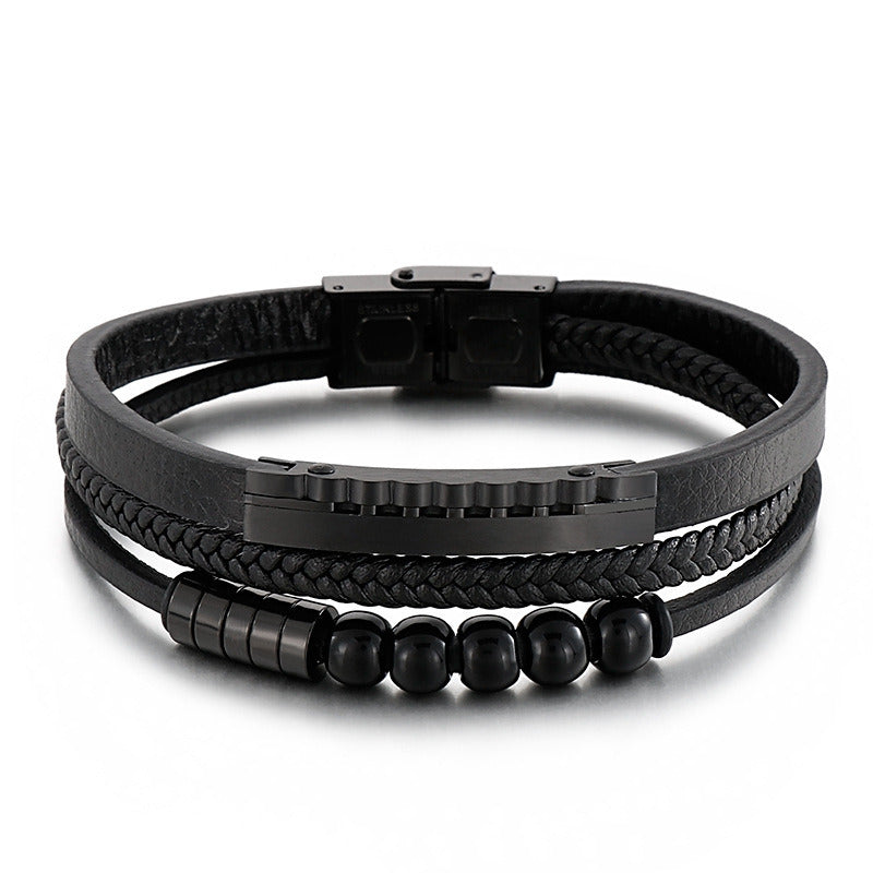 Kemstone Multi-Layer Braided Leather Bracelet for Men Beaded Titanium Steel KB147788-KLHQ
