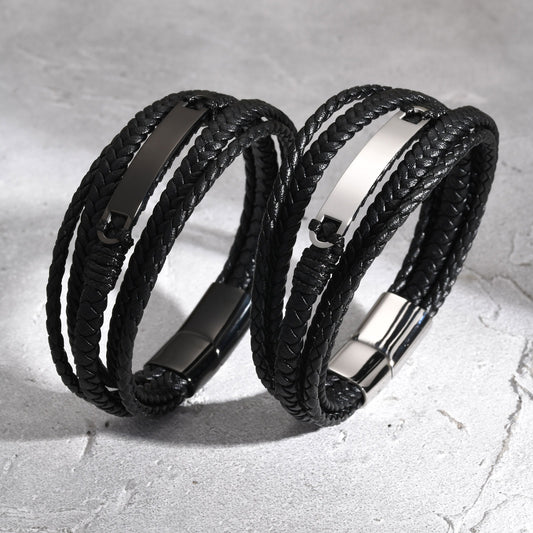 Kemstone Stainless Steel Curved Plate Multi-Layer PU Leather Bracelet for Men – Black Double Wrap Design BL-783