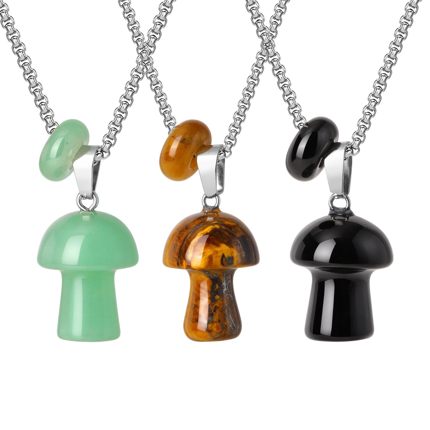 Kemstone Mushroom Pendant Necklace Natural Stone Stainless Steel for Men Women Aventurine Tiger Eye Obsidian NC2875