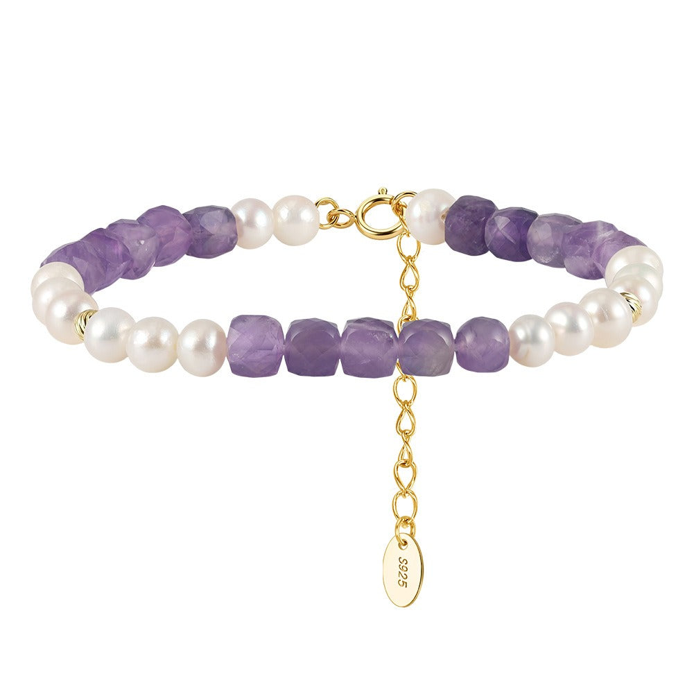 Kemston Amethyst & Freshwater Pearl Beaded Bracelet for Women 925 Sterling Silver MPB17