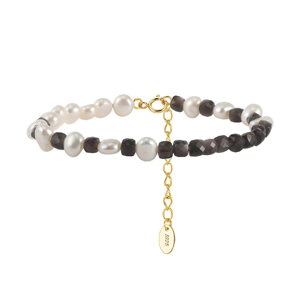Kemston Silver Sheen Obsidian & Freshwater Pearl Beaded Bracelet for Women 925 Sterling Silver MPB26