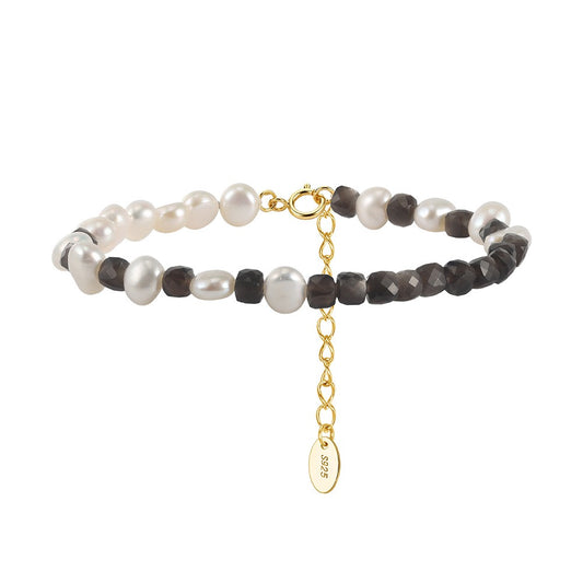Kemstone Silver Sheen Obsidian & Freshwater Pearl Beaded Bracelet for Women 925 Sterling Silver MPB26
