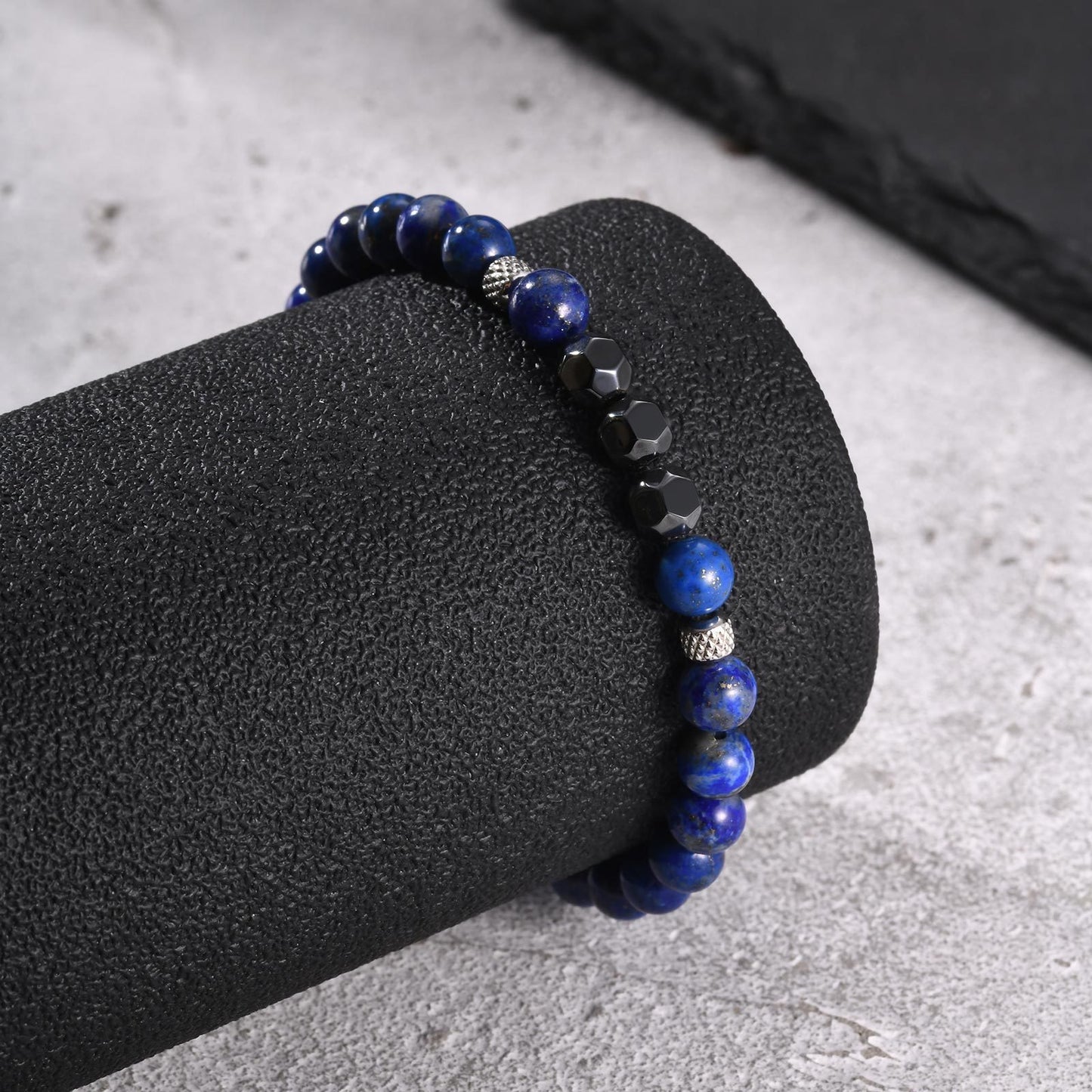 Kemston Lapis Lazuli Black Stone Beaded Bracelet for Men Stainless Steel Vintage Style BR-2917