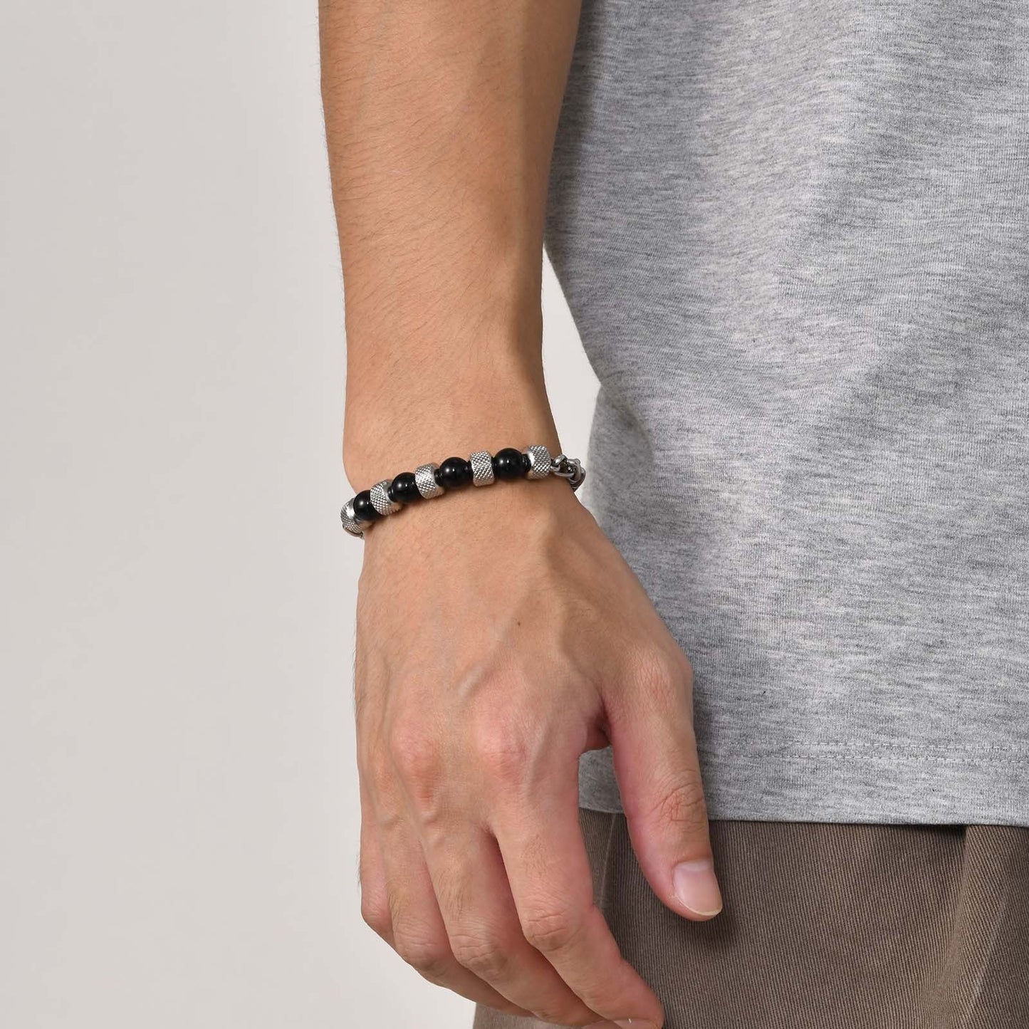 Kemstone Tiger Eye Beaded Chain Bracelet for Men Stainless Steel Natural Stone Adjustable BR-1717