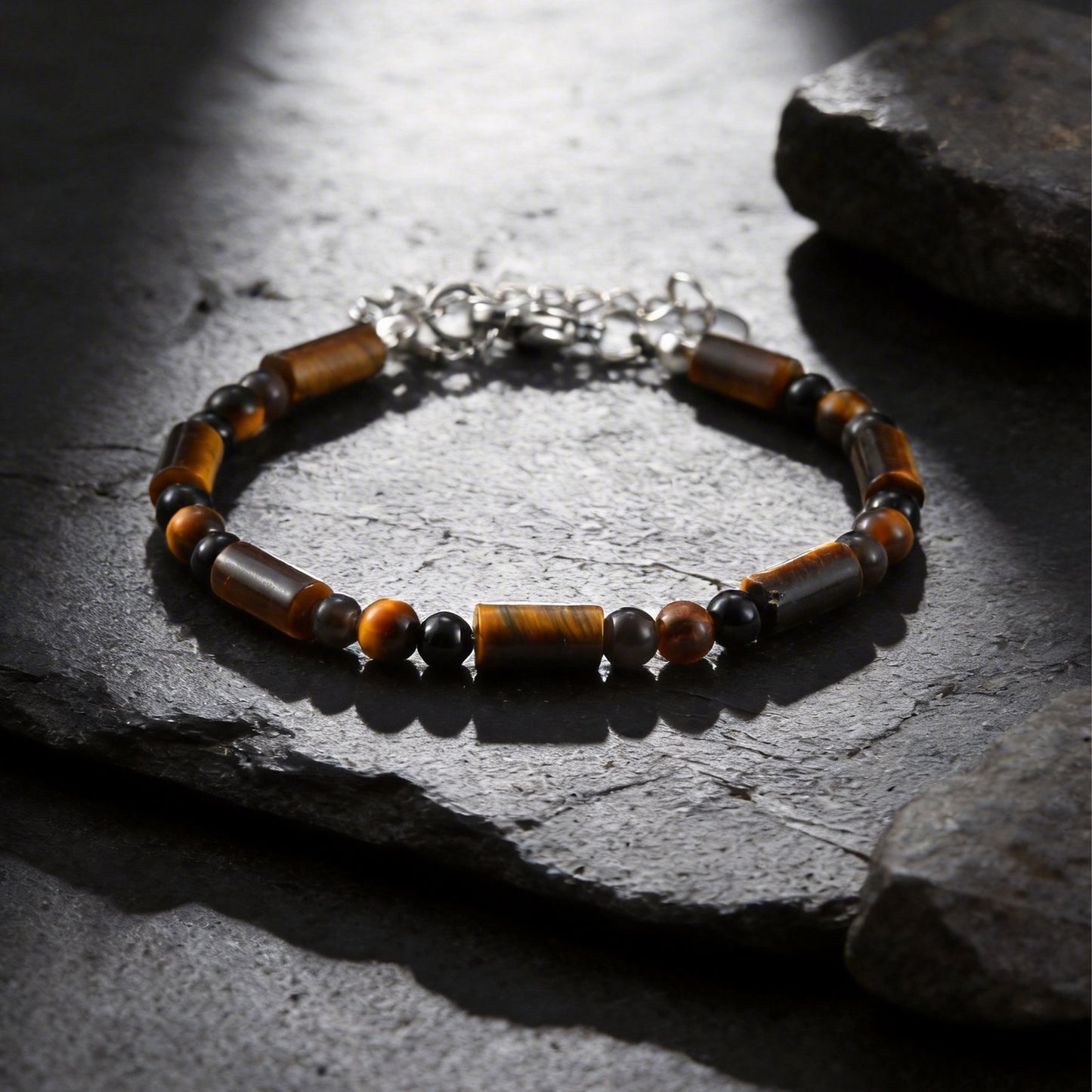 Kemstone Tiger Eye Beaded Bracelet for Men – Natural Stone Black Onyx Adjustable Chain BR-2924