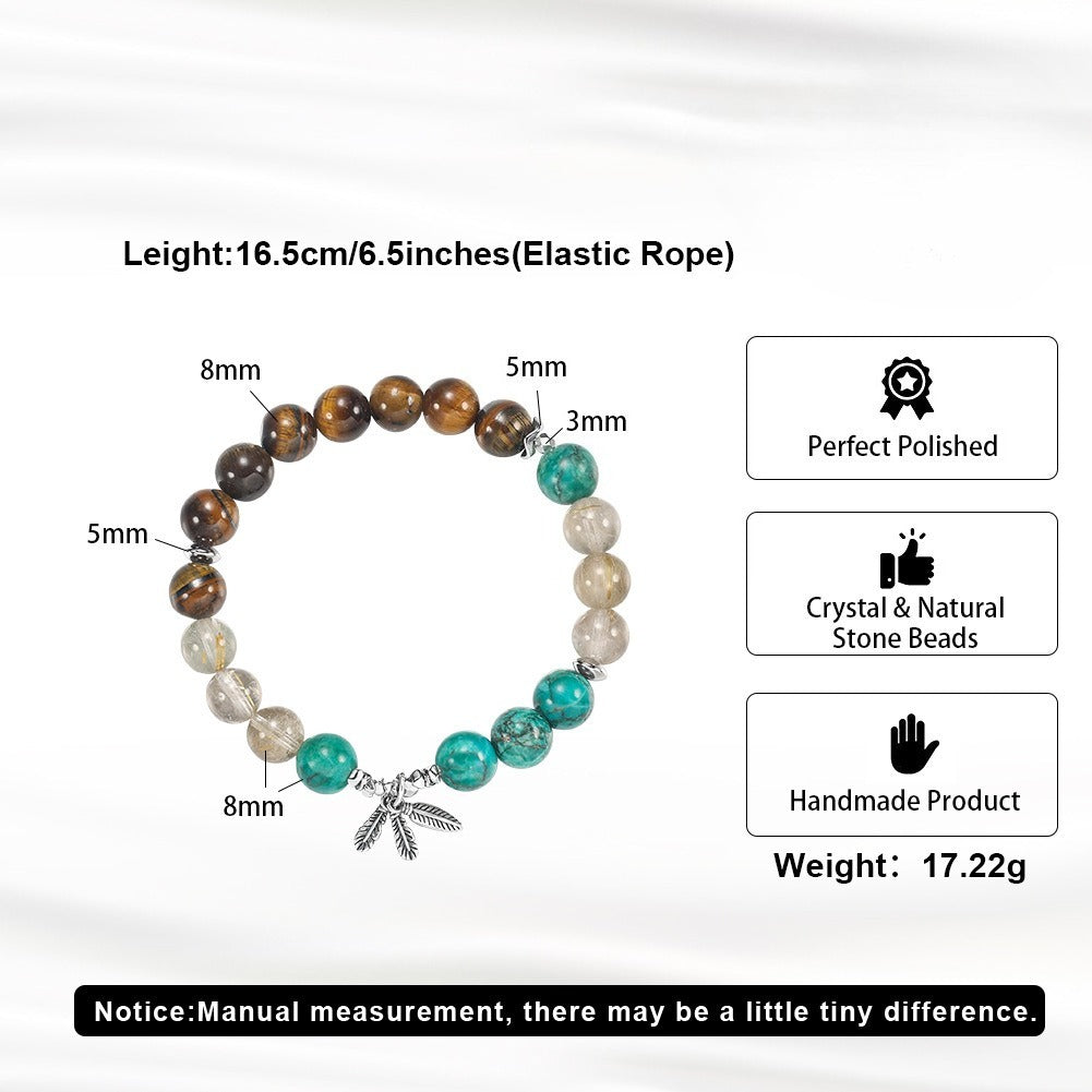Kemstone 925 Sterling Silver Natural Stone Beaded Bracelet for Women Tiger Eye Turquoise Feather Charm GMB91