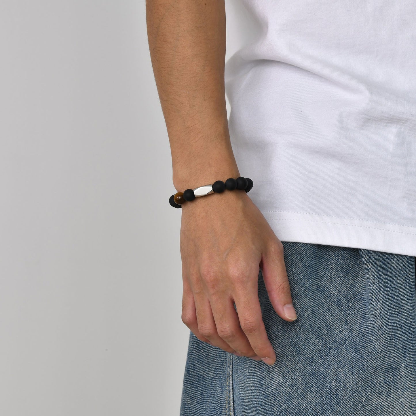 Kemstone Men’s Matte Onyx & Tiger Eye Bracelet – Adjustable Natural Stone Band BR-1680