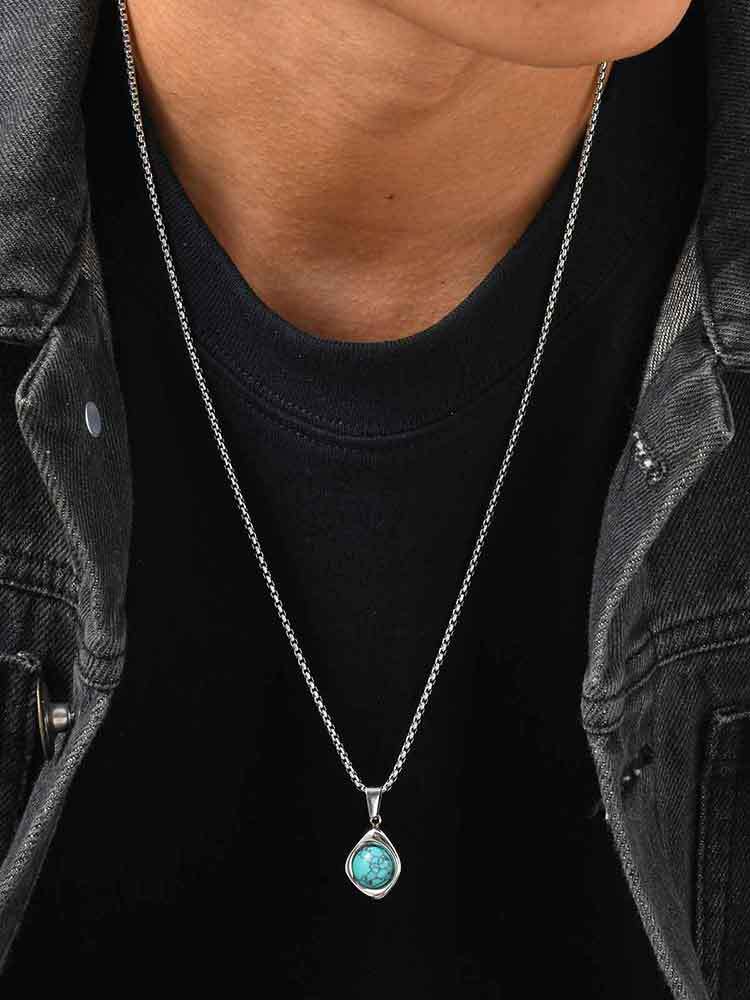 Kemstone Men’s Stainless Steel Necklace – Irregular Natural Stone Pendant Tiger Eye / Onyx / Turquoise PN-2189
