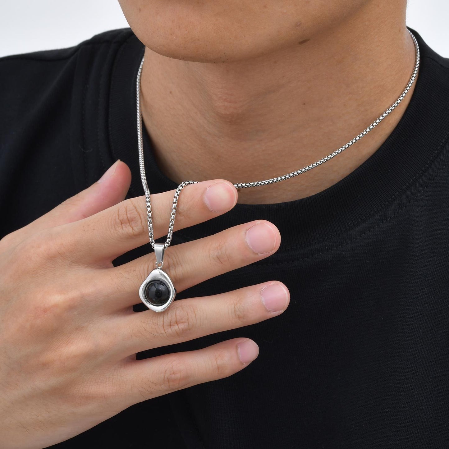 Kemstone Men’s Stainless Steel Necklace – Irregular Natural Stone Pendant Tiger Eye / Onyx / Turquoise PN-2189