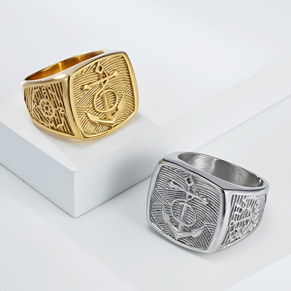 Kemston Nautical Anchor Ship Wheel Ring for Men Stainless Steel Vintage Marine Style K-R1054