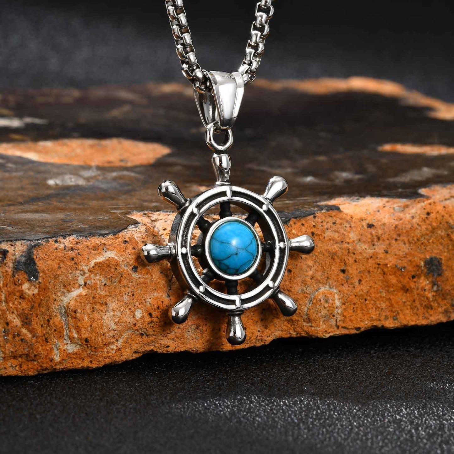 Kemstone Men’s Turquoise Pendant Necklace – Stainless Steel Ship Wheel Pendant PN-2234