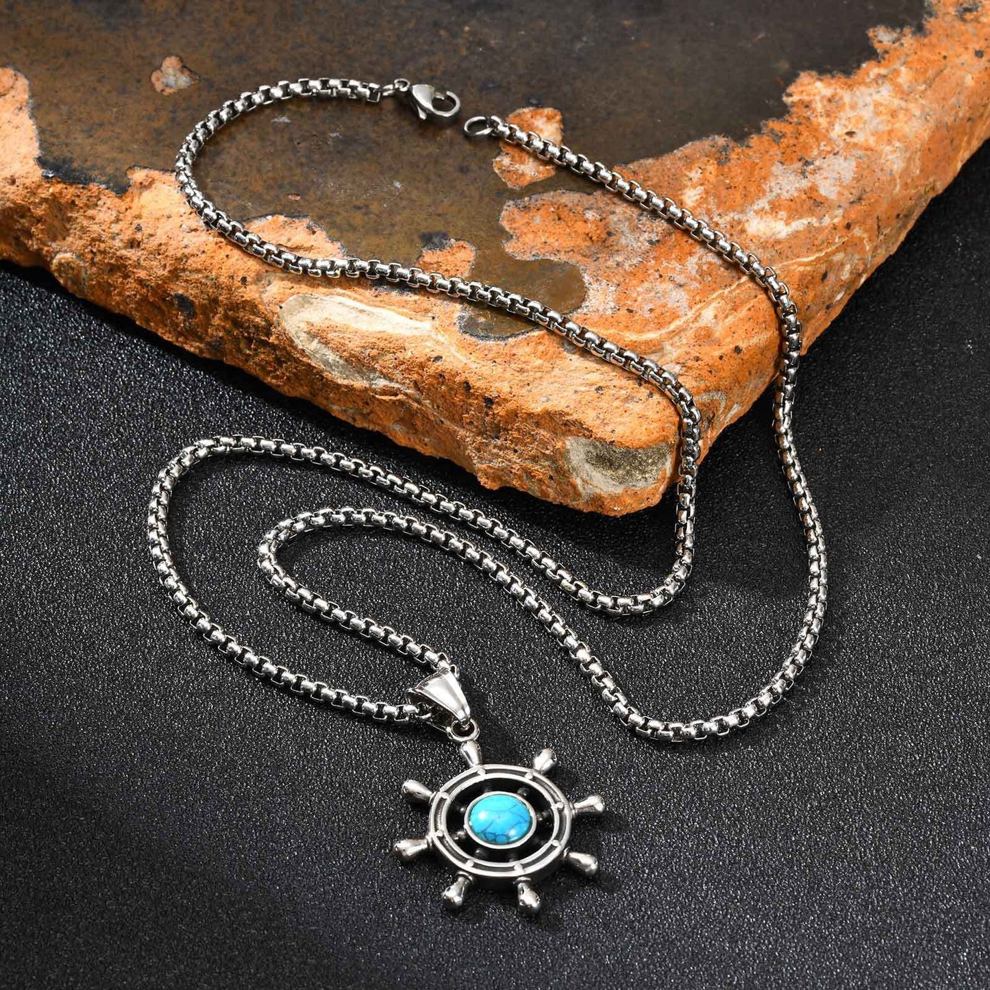 Kemstone Men’s Turquoise Pendant Necklace – Stainless Steel Ship Wheel Pendant PN-2234