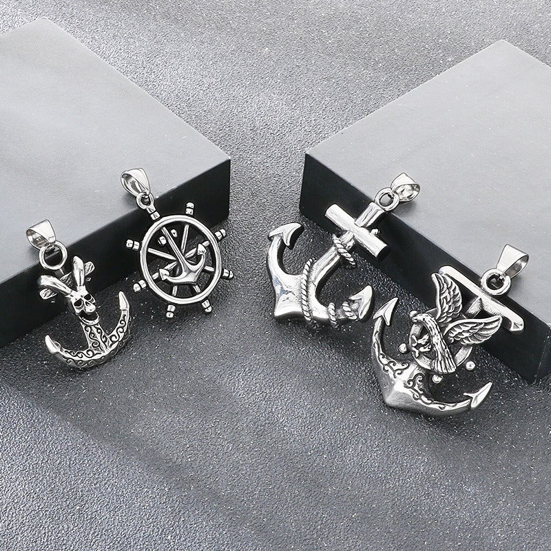 Kemstone Anchor Pendant Necklace Titanium Steel Nautical Wheel Skull Cross Design for Men Silver KP117037-LU