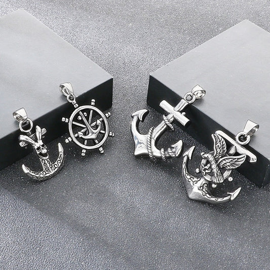 Kemstone Anchor Pendant Necklace Titanium Steel Nautical Wheel Skull Cross Design for Men Silver KP117037-LU