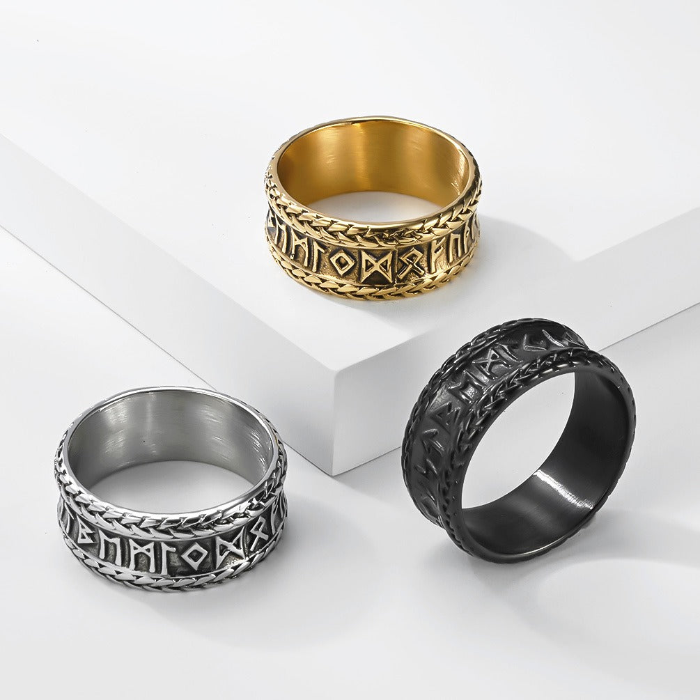 Kemstone Stainless Steel Viking Rune Ring for Men Wide Engraved Silver Gold Black K-R1151