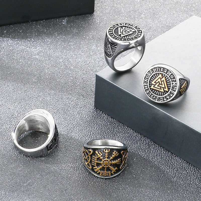 Kemstone Viking Rune Signet Ring for Men Titanium Steel Compass Celtic Knot Wide Band Silver Gold KR114478-MZOZ