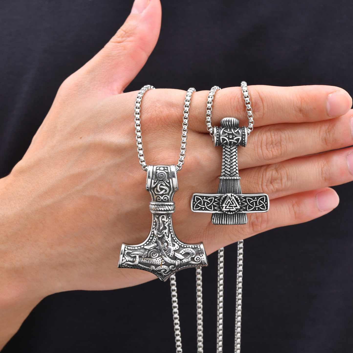 Kemston Stainless Steel Viking Thor Hammer Pendant Necklace for Men Nordic Symbol Chain PN-2416