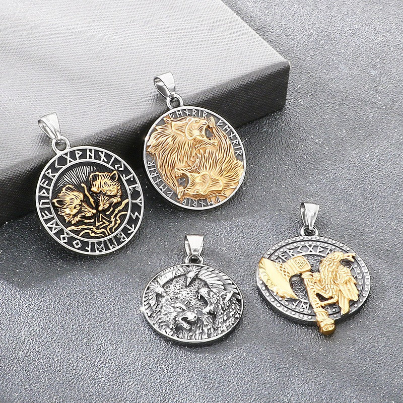 Kemstone Viking Axe Raven Wolf Pendant Necklace Stainless Steel - Rune Coin Norse Style Men KP117708-LU