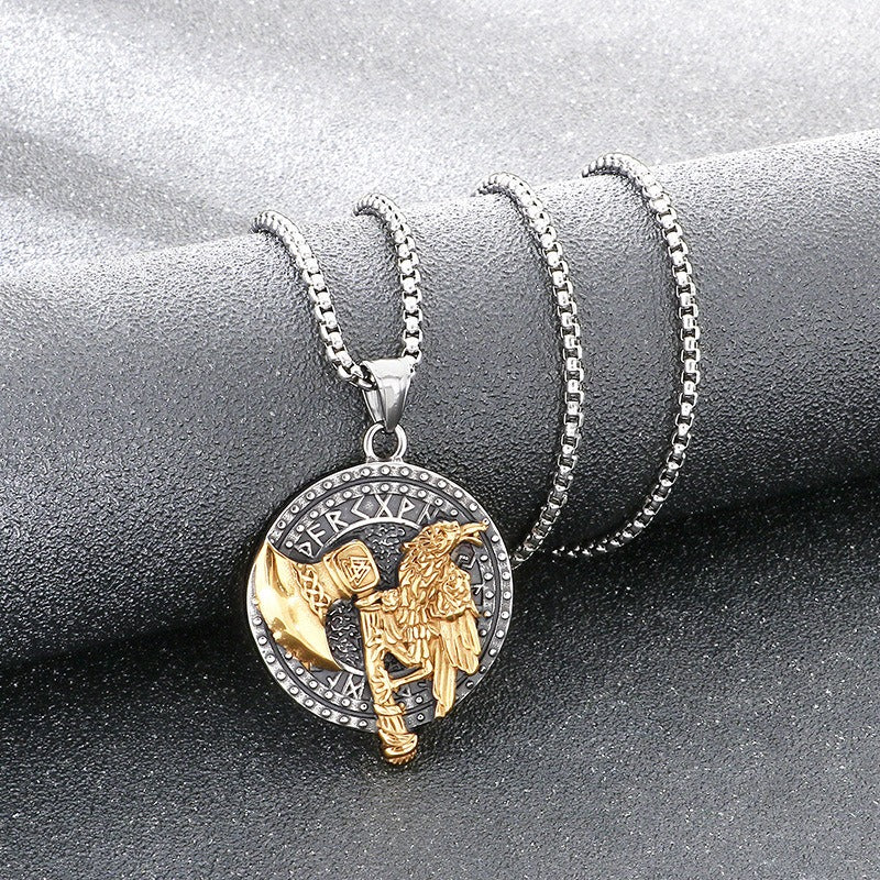 Kemstone Viking Axe Raven Wolf Pendant Necklace Stainless Steel - Rune Coin Norse Style Men KP117708-LU