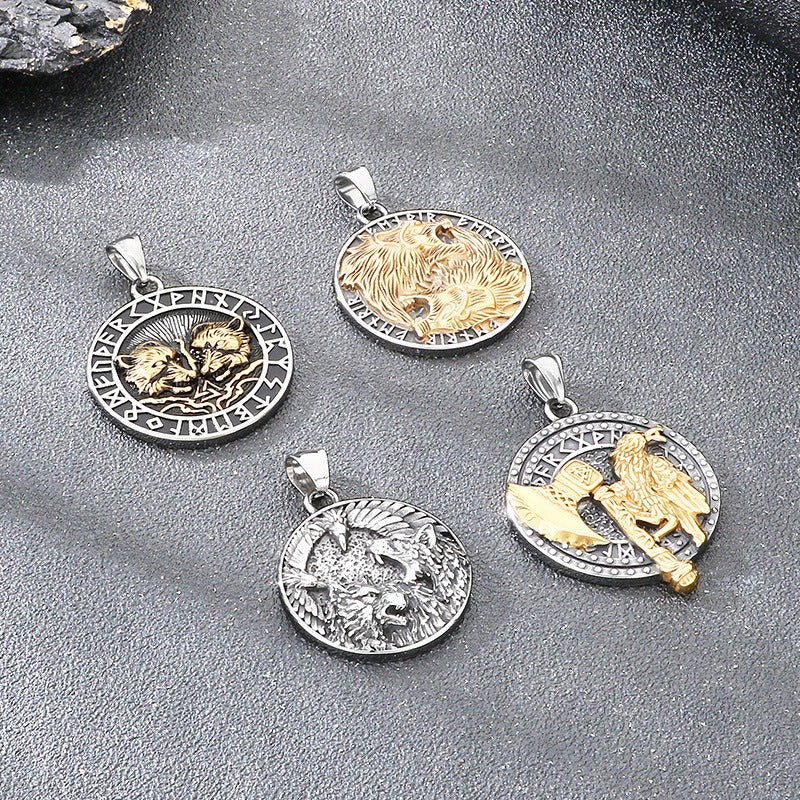 Kemstone Viking Axe Raven Wolf Pendant Necklace Stainless Steel - Rune Coin Norse Style Men KP117708-LU