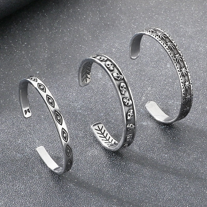 Kemstone Dark Metal Eye & Relief Head Titanium Steel Cuff Bracelet for Men – Open C Shape Design KB209289-LU