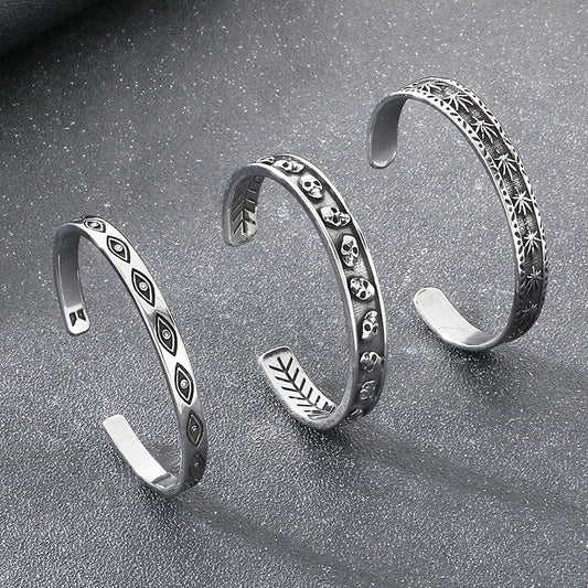 Kemstone Dark Metal Eye & Relief Head Titanium Steel Cuff Bracelet for Men – Open C Shape Design KB209289-LU