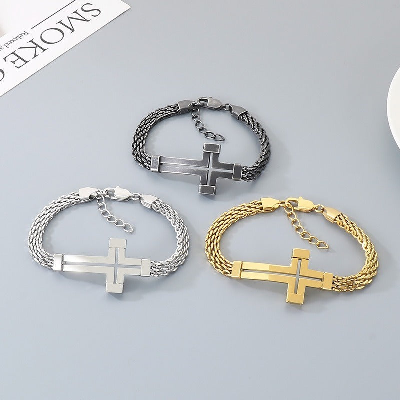 Kemstone Titanium Steel Hollow Curved Cross Bracelet for Men Adjustable Double Chain Gold Silver Black KB212800-KFC