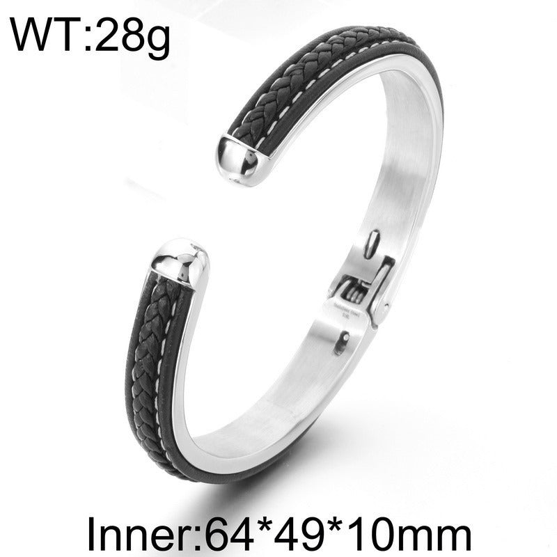 Kemstone Stainless Steel Braided Leather Open Cuff Bracelet for Men Minimalist Casual Wrist Bangle KB97554-BD