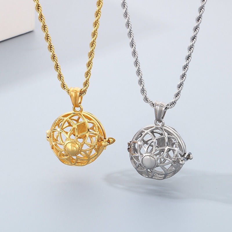 Kemstone Titanium Steel Aroma Locket Pendant – Hollow Sphere Necklace KP79561G-TOM