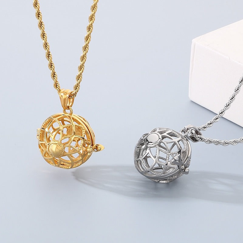 Kemstone Titanium Steel Aroma Locket Pendant – Hollow Sphere Necklace KP79561G-TOM