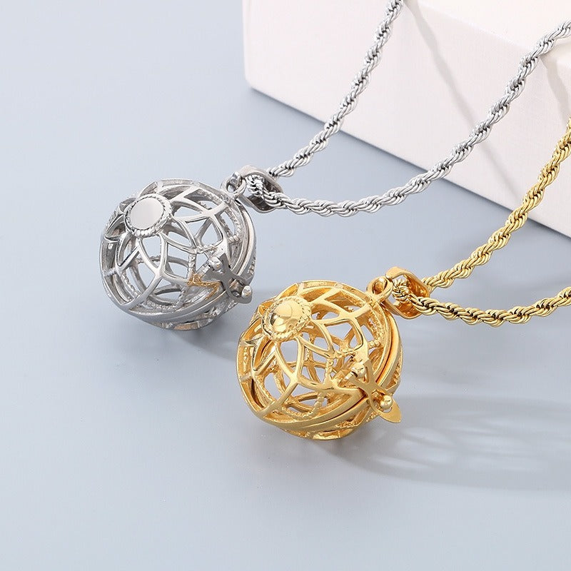 Kemstone Titanium Steel Aroma Locket Pendant – Hollow Sphere Necklace KP79561G-TOM