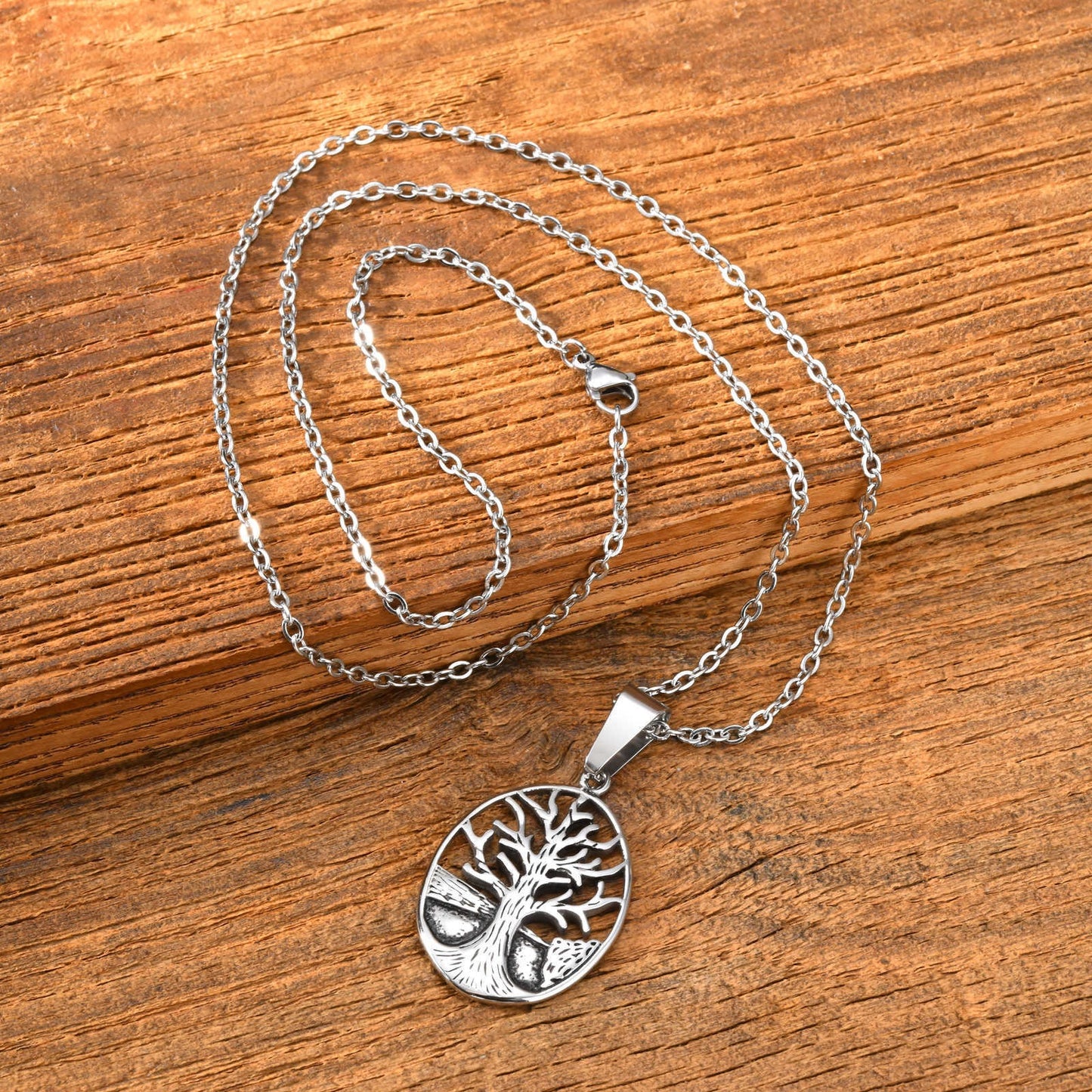 Kemstone Tree Pendant Necklace for Men Stainless Steel Openwork Oval Chain PN-2314