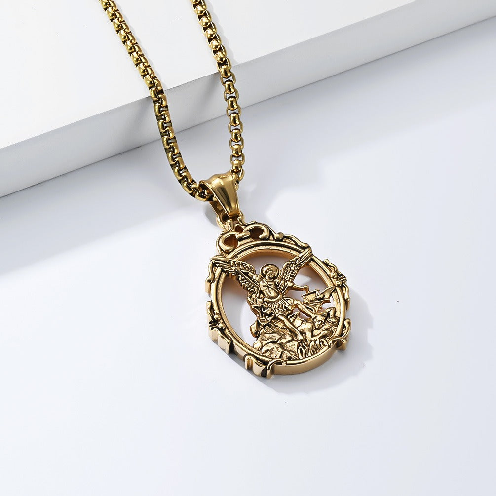 Kemstone Stainless Steel Angel Pendant Necklace for Men Vintage Relief Archangel Medallion Oval Silver Gold Black K-PT711
