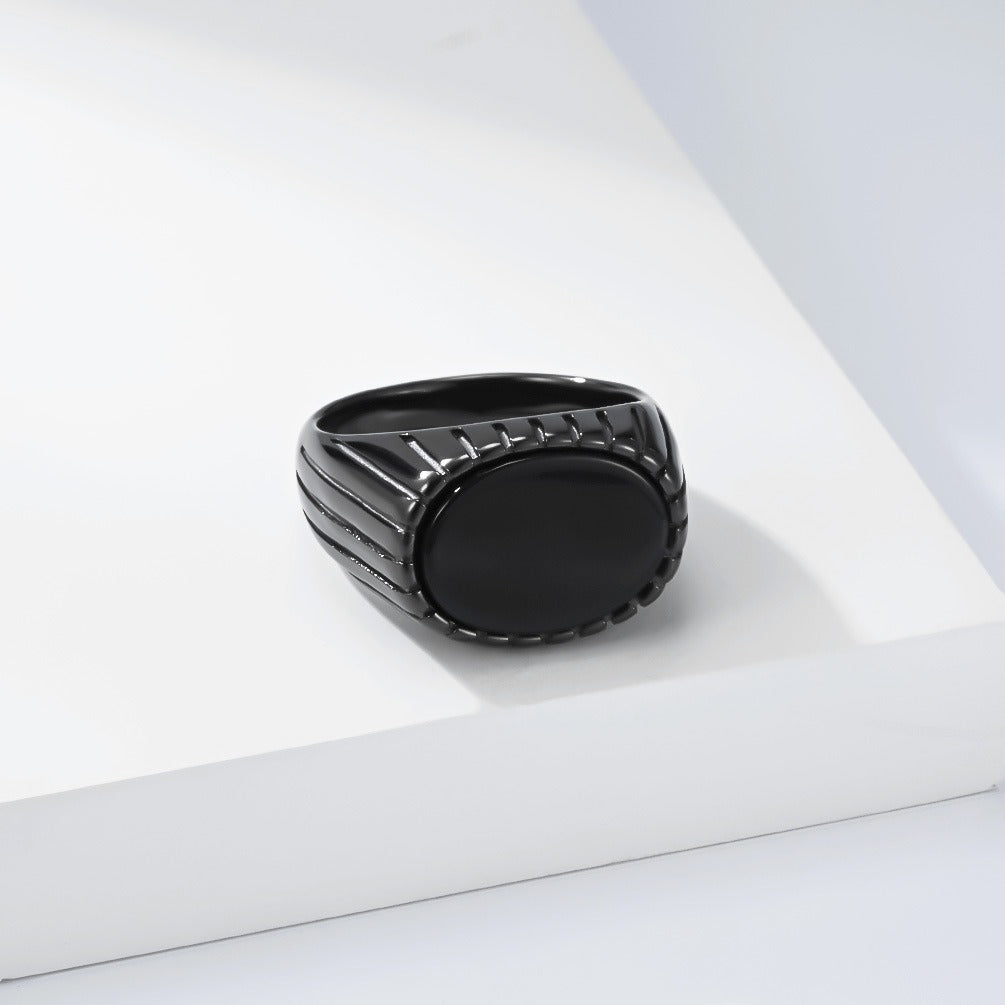 Kemstone Stainless Steel Black Stone Signet Ring for Men Vintage Oval K-R1177