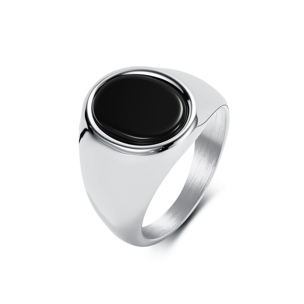 Kemstone Signet Ring for Men Stainless Steel Oval Black Stone Inlay Geometric Style KR1134